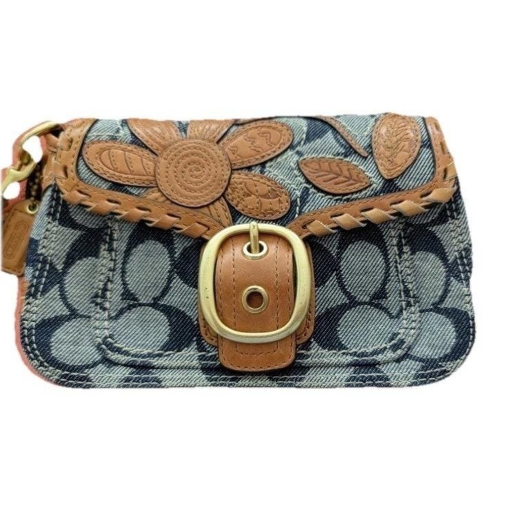 COACH Bleecker Denim Vachetta Leather Floral Appliqué Wristlet